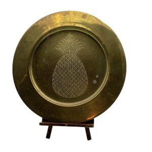 Vintage Brass Table Tray Plate 13” Etched Pineapple‎ Round Wall Hanging Decor